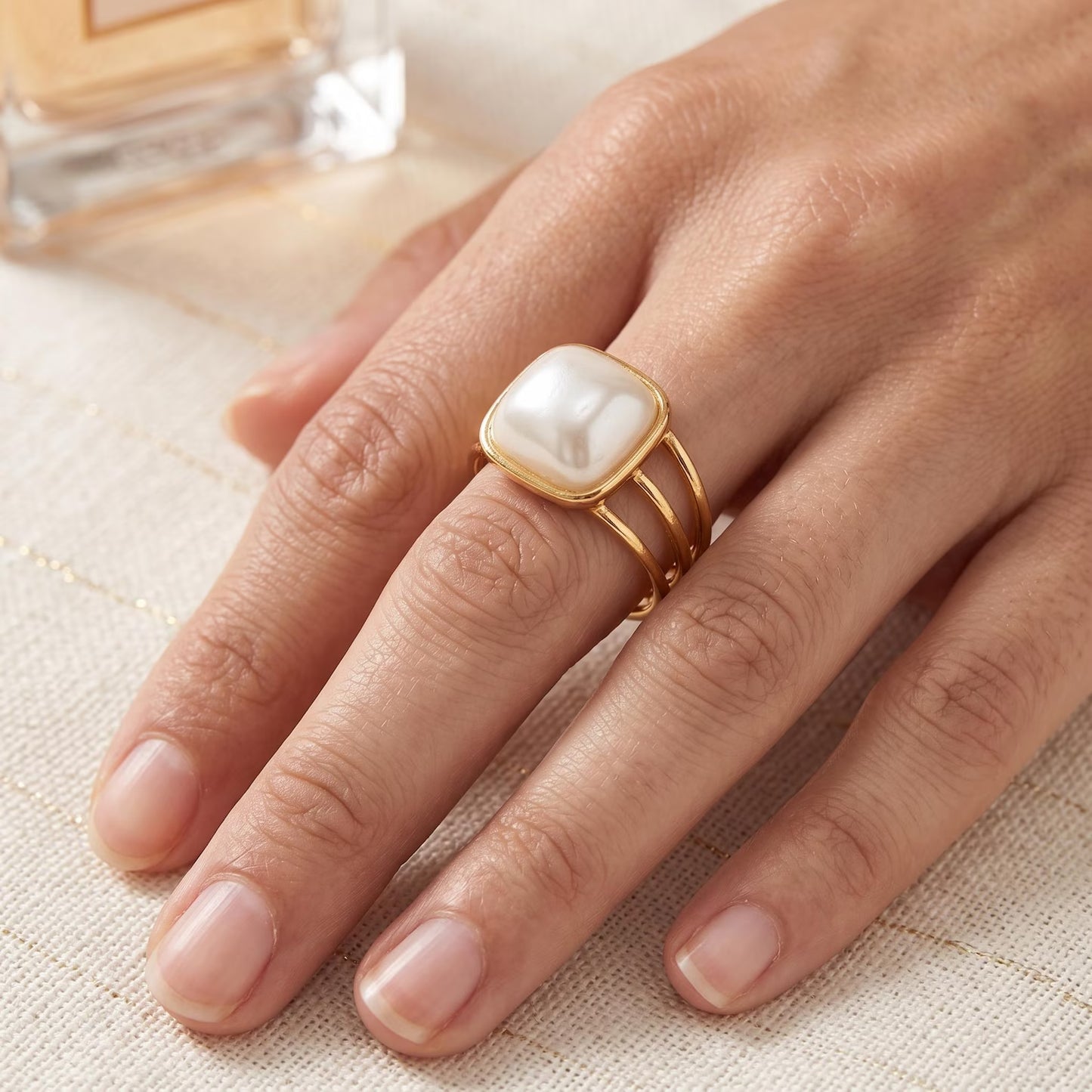 Cushion Pearl Triple-Band Ring