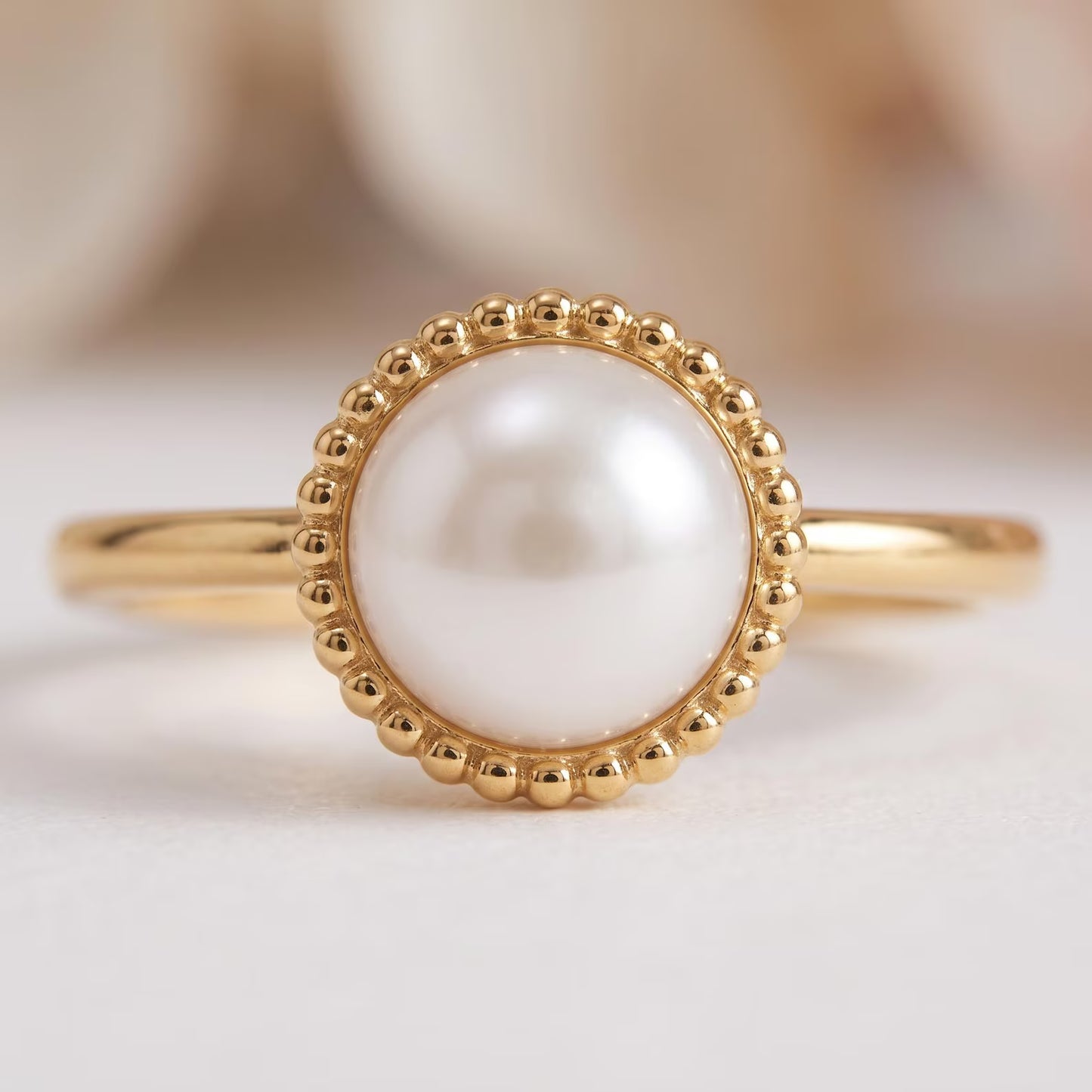 Pearl Solitaire Beaded Halo Ring