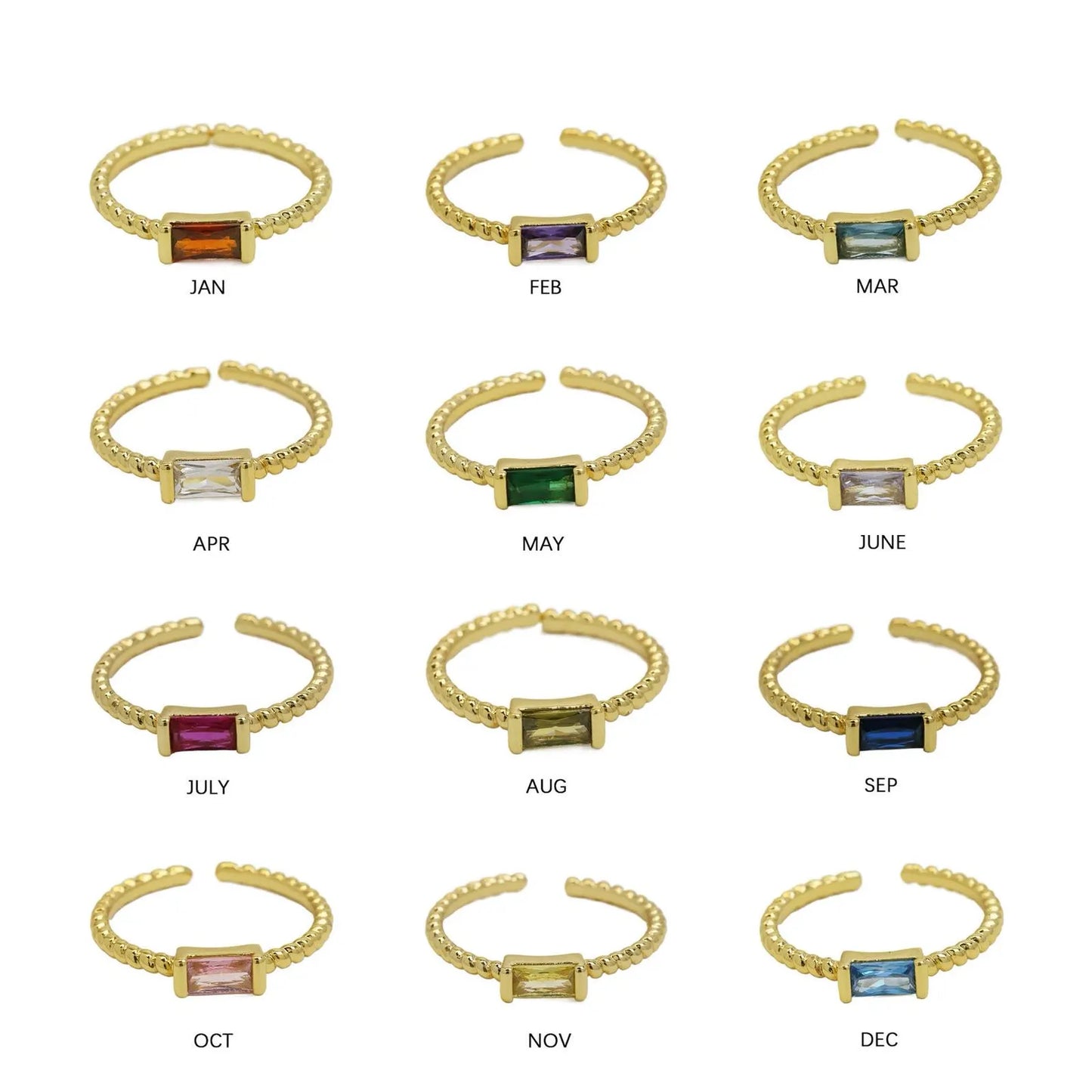 Baguette Birthstone Beaded Open Ring