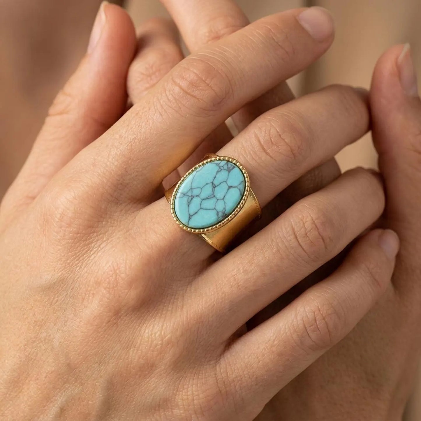 Turquoise Oval Wide Band Ring