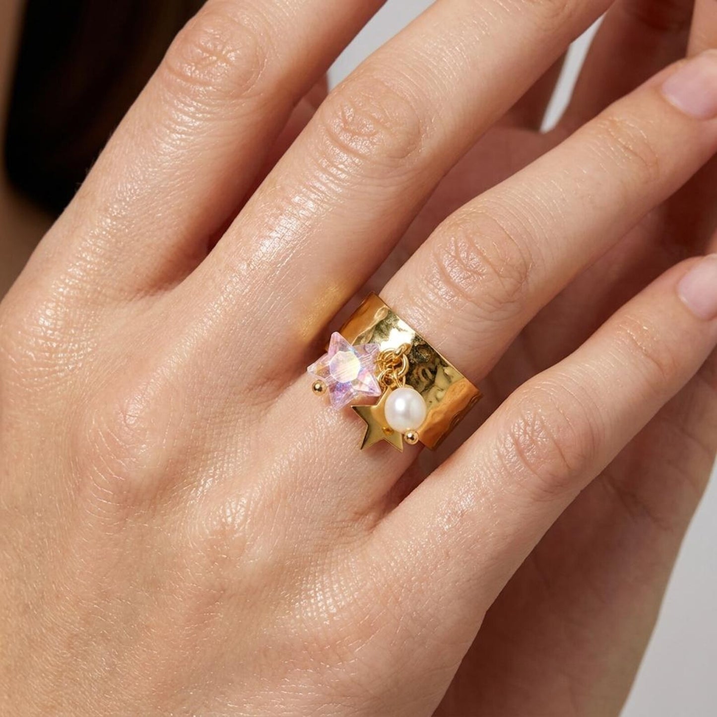 Pearl Star Wide Cuff Ring