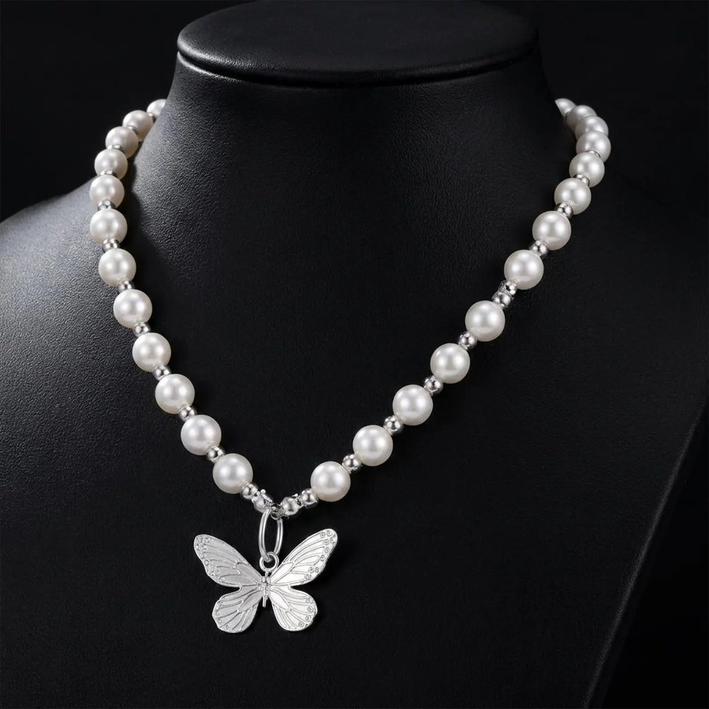 Silver Butterfly Pearl Necklace