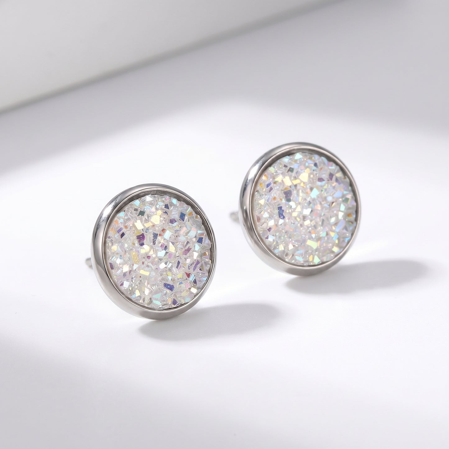 White Druzy Crystal Round Stud Earrings