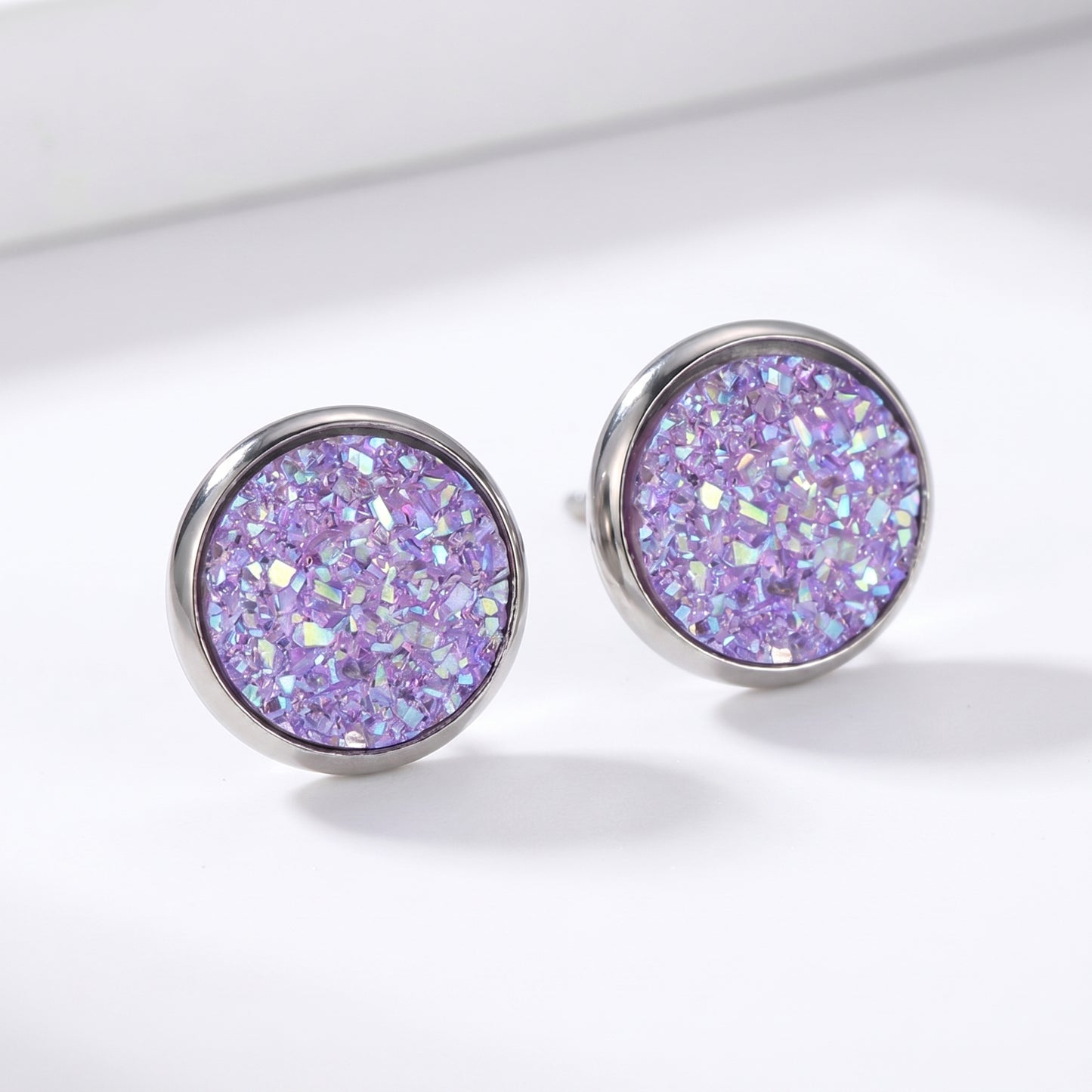 Purple Druzy Crystal Round Stud Earrings
