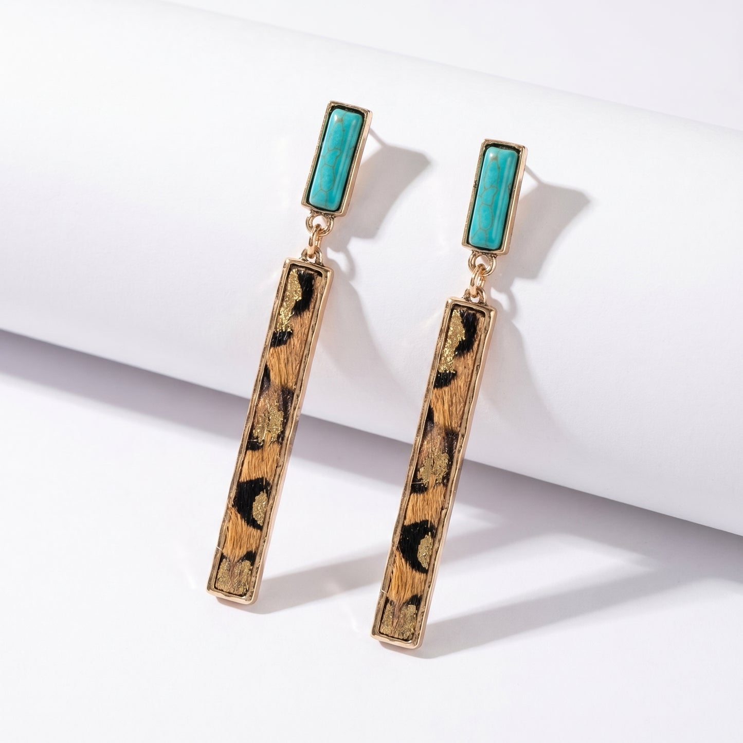 Turquoise & Leopard Bar Earrings