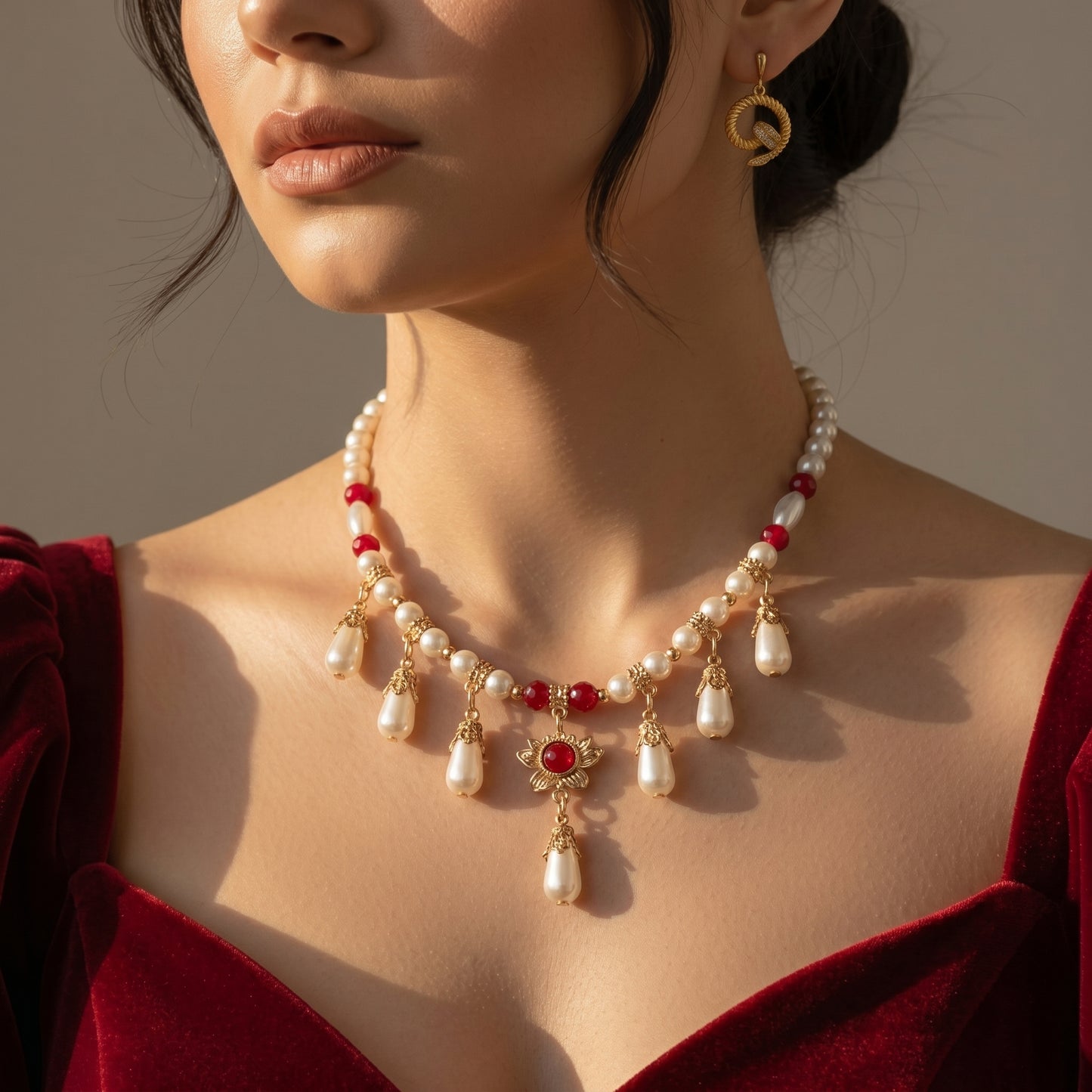 White Pearl Red Crystal Necklace