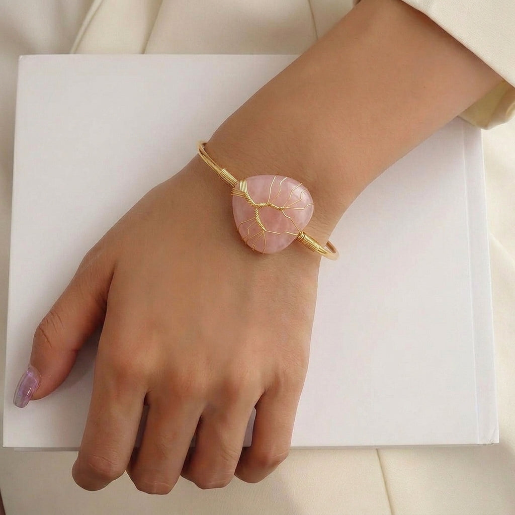 Rose Quartz Heart Cuff Bangle