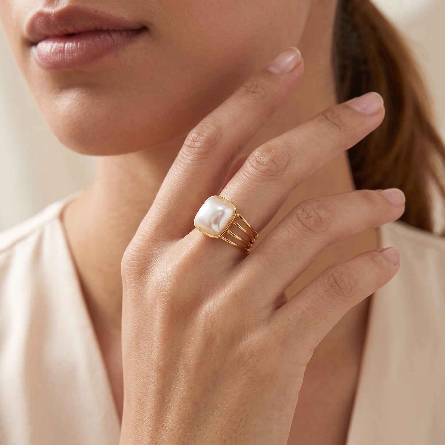 Cushion Pearl Triple-Band Ring