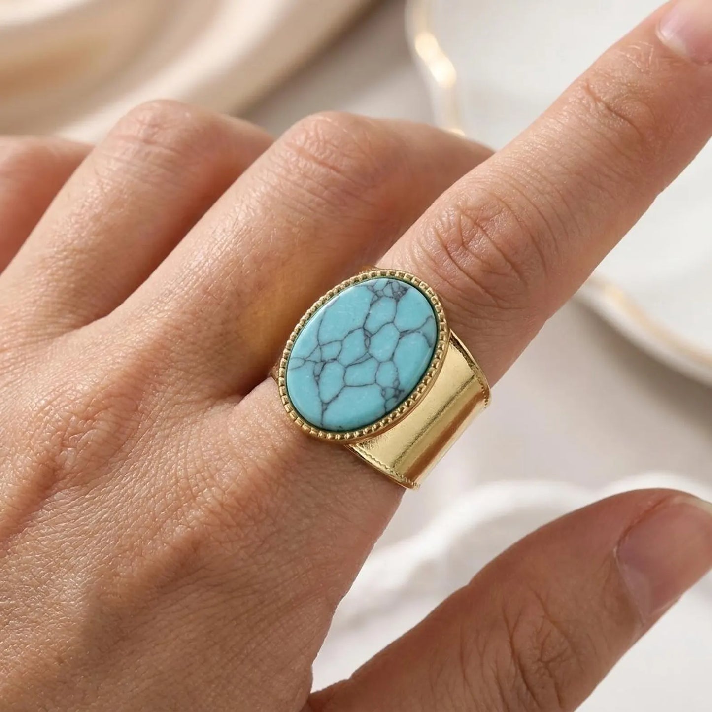 Turquoise Oval Wide Band Ring