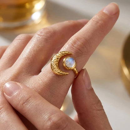 Hammered Moonstone Crescent Ring