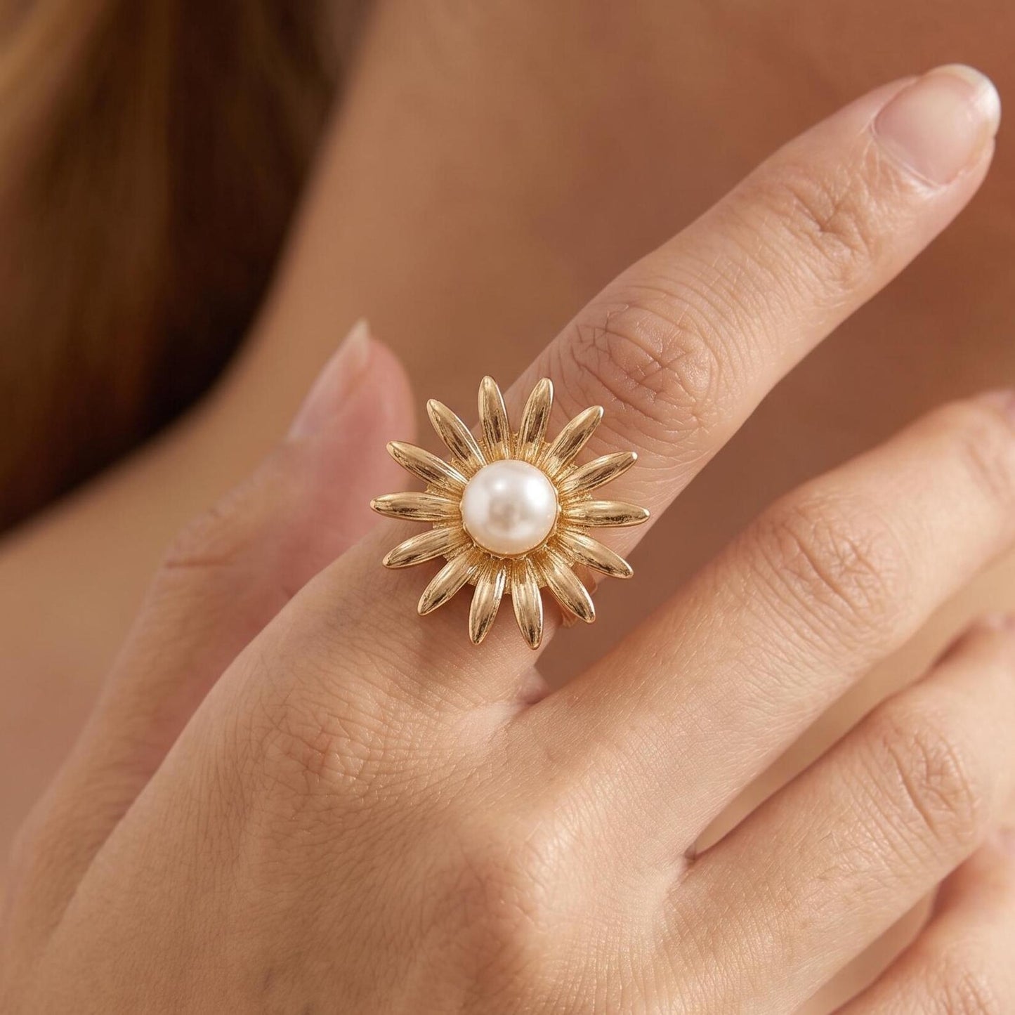 Pearl Sunflower Open Statement Ring