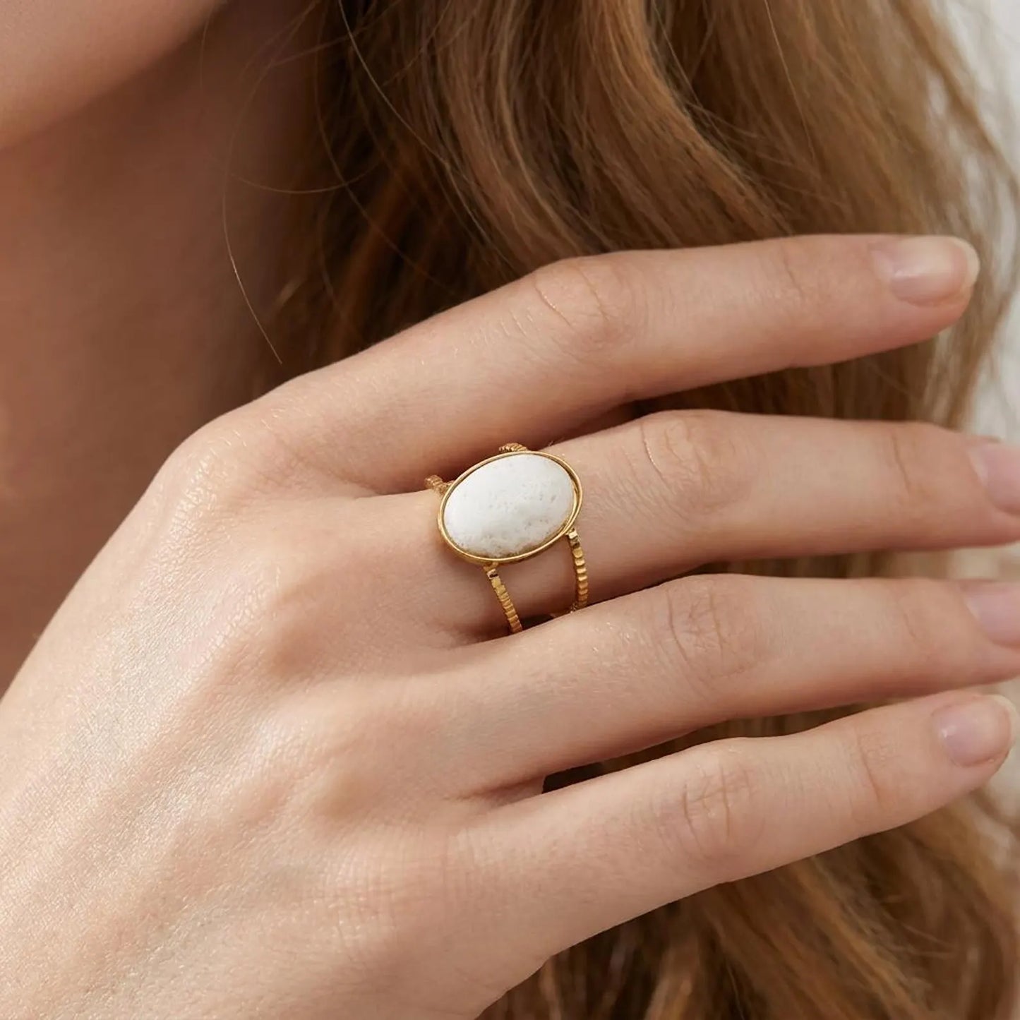 White Howlite Oval Open Band Ring