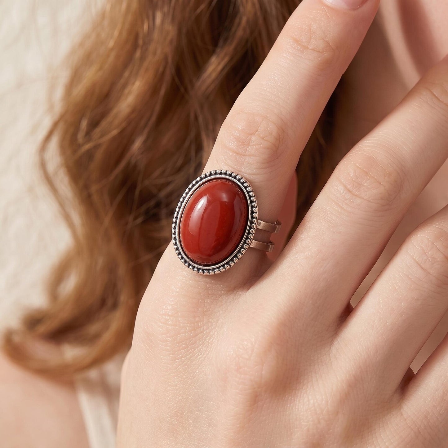Red Jasper Oval Beaded Statement Ring