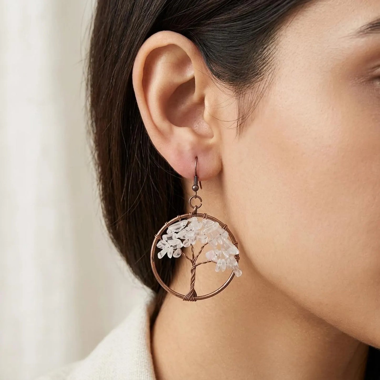 Wire-Wrapped Tree of Life Gemstone Hoop Earrings