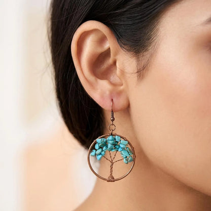 Wire-Wrapped Tree of Life Gemstone Hoop Earrings