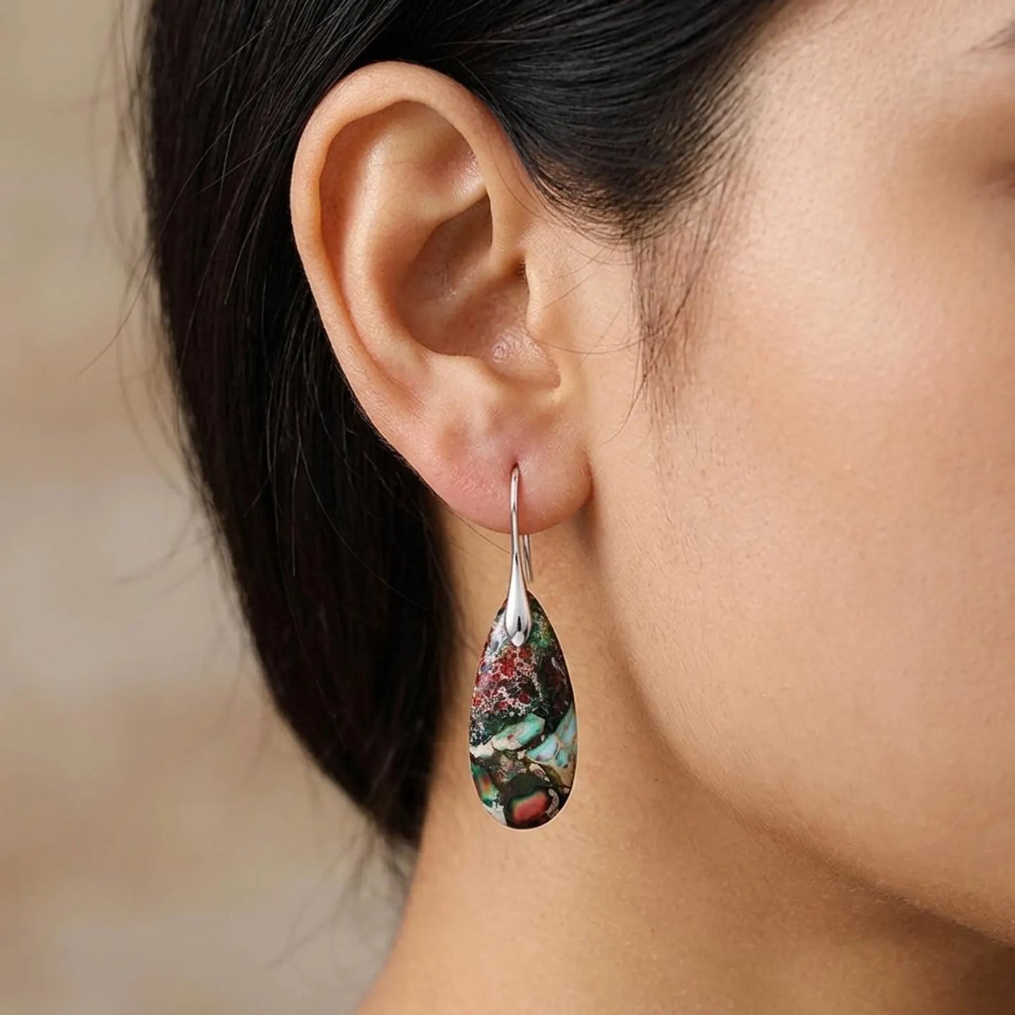 Red & Green Impression Jasper Teardrop Earrings