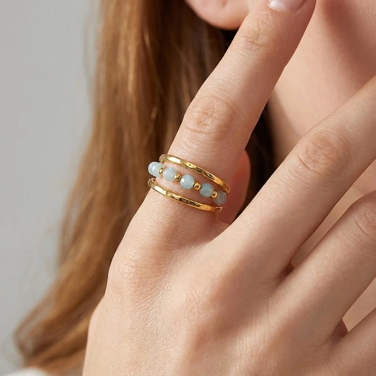 Aquamarine Beaded Multi-Row Open Ring