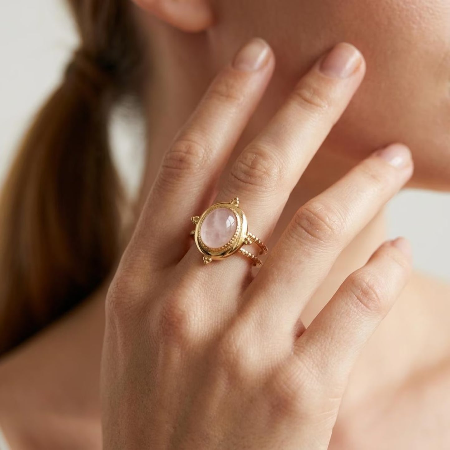 Rose Quartz Oval Beaded Ring