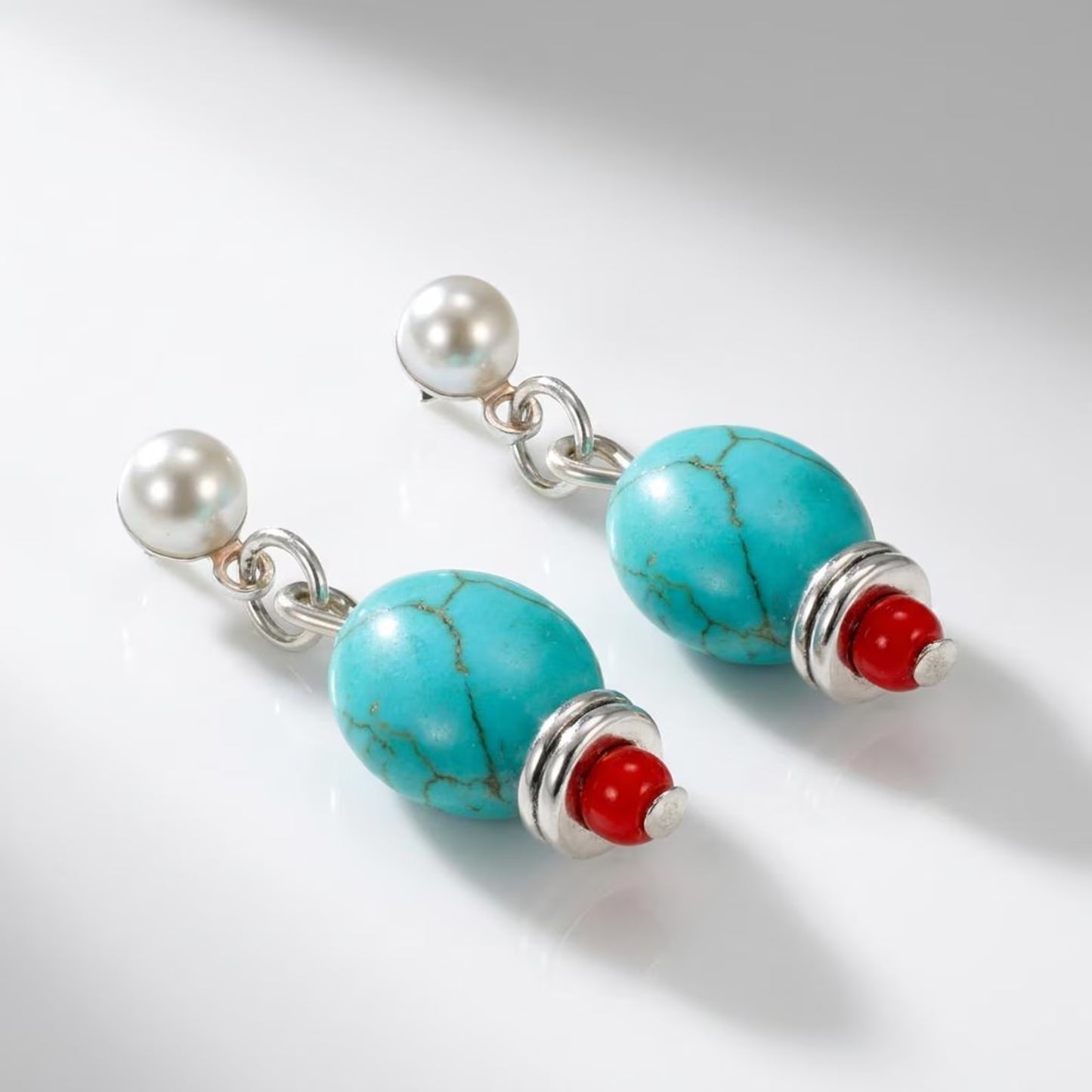 Pearl & Coral Accent Turquoise Drop Earrings