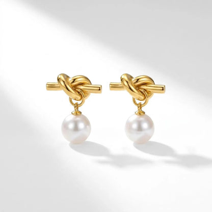Gold Knot Pearl Earrings