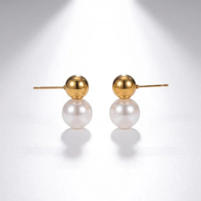 Gold Sphere Pearl Post Earrings