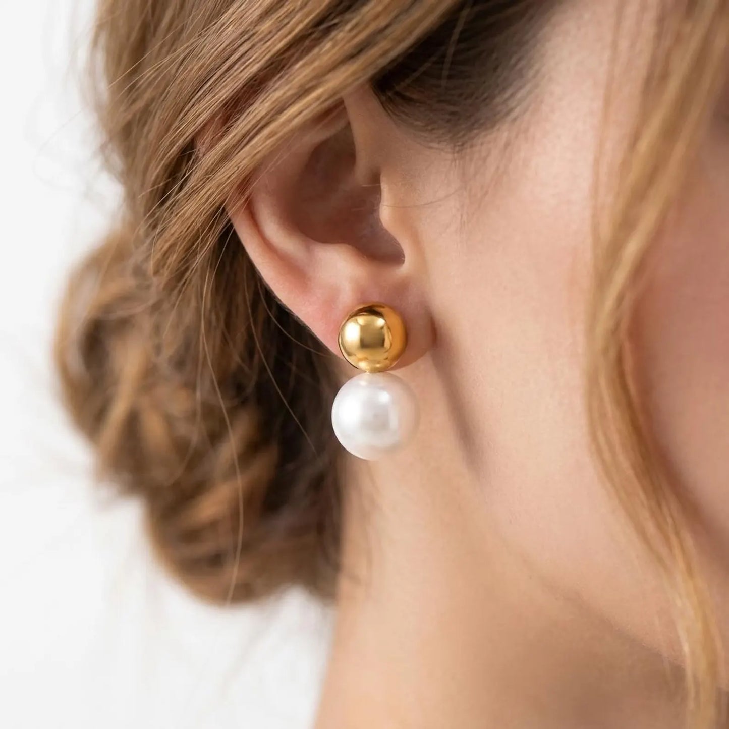 Gold Sphere Pearl Post Earrings