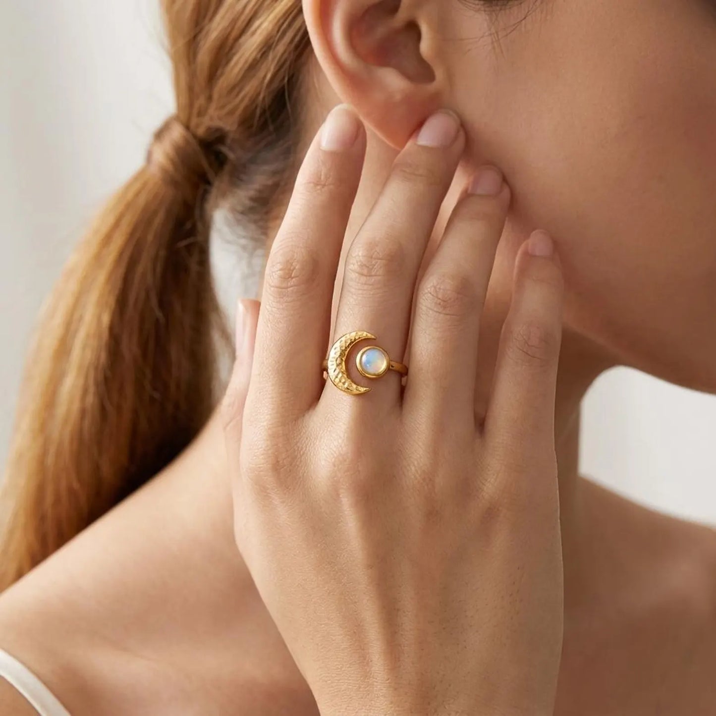 Hammered Moonstone Crescent Ring