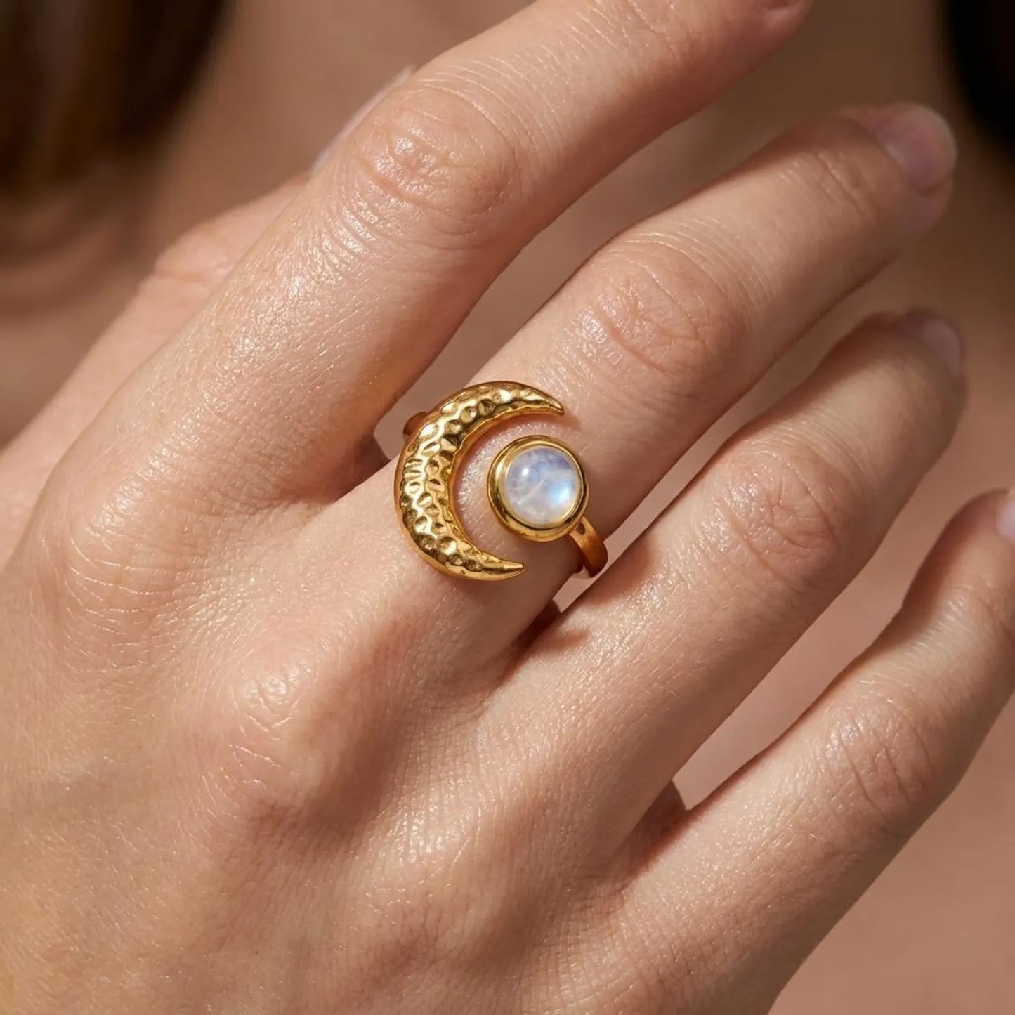 Hammered Moonstone Crescent Ring