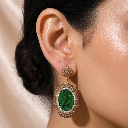 Green Druzy Statement Drop Earrings