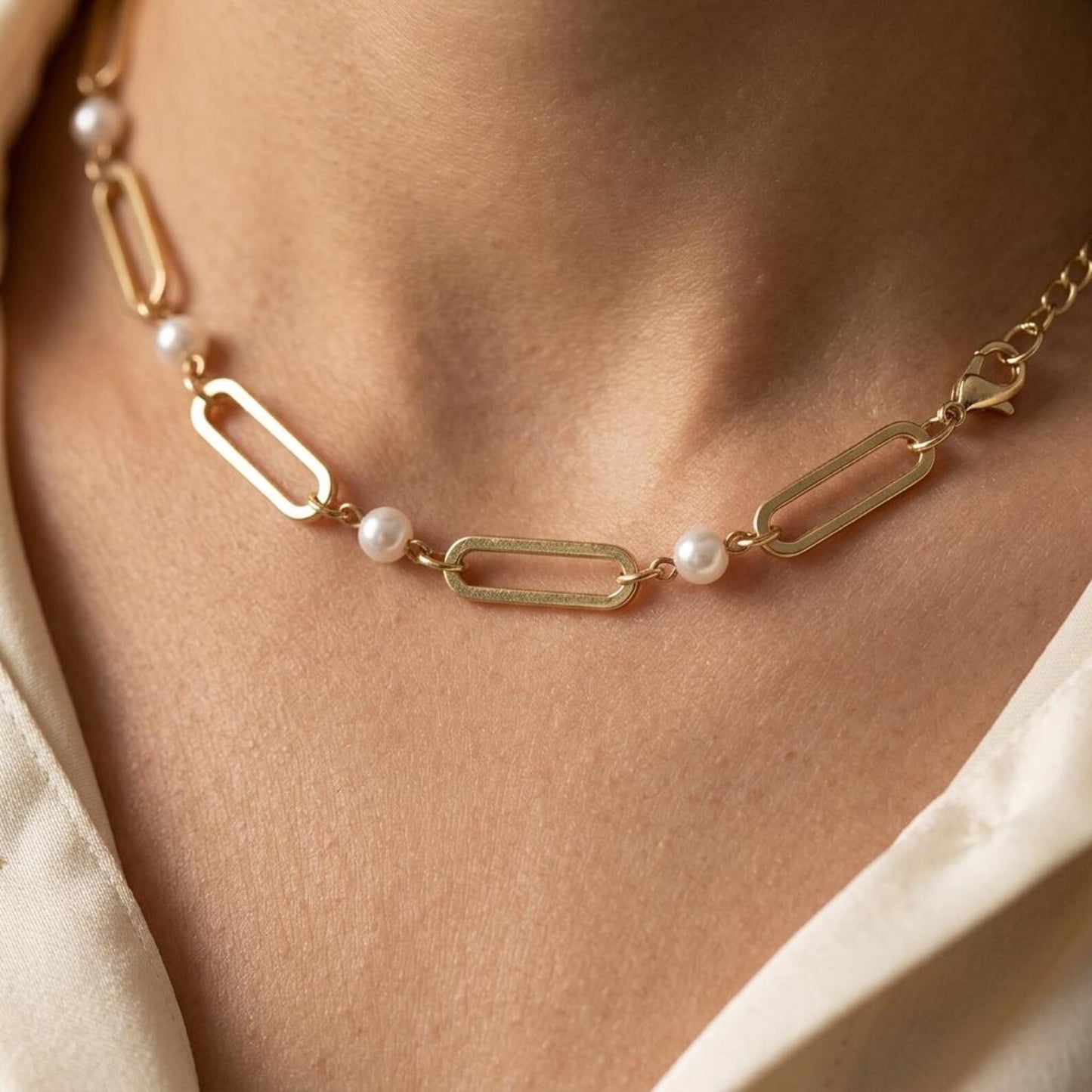 Pearl Paperclip Link Necklace