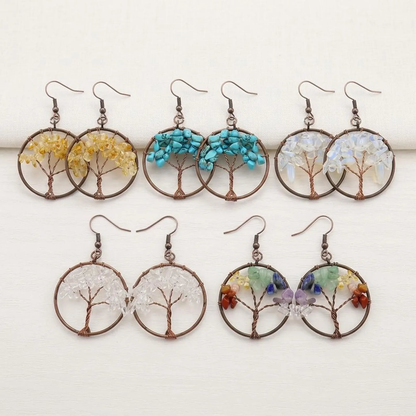 Wire-Wrapped Tree of Life Gemstone Hoop Earrings
