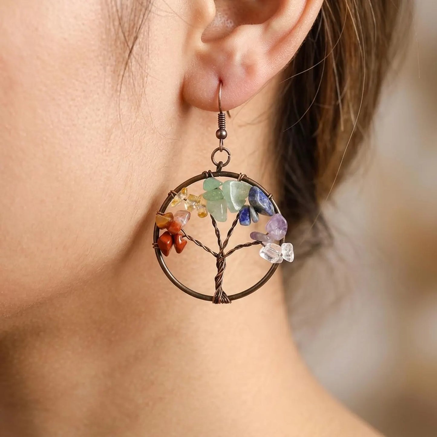 Wire-Wrapped Tree of Life Gemstone Hoop Earrings