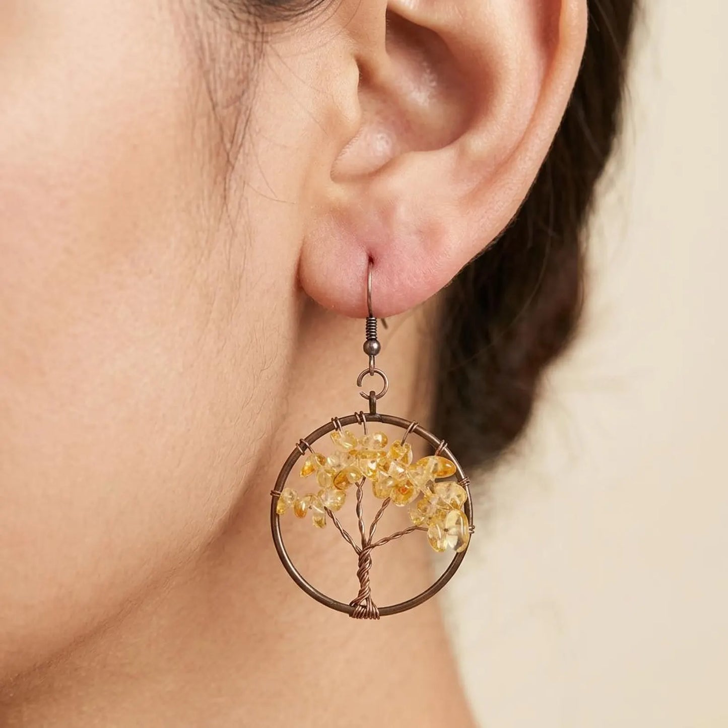 Wire-Wrapped Tree of Life Gemstone Hoop Earrings