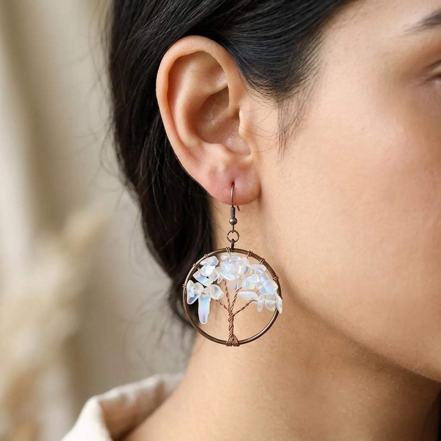 Wire-Wrapped Tree of Life Gemstone Hoop Earrings