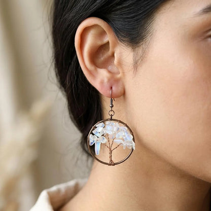 Wire-Wrapped Tree of Life Gemstone Hoop Earrings