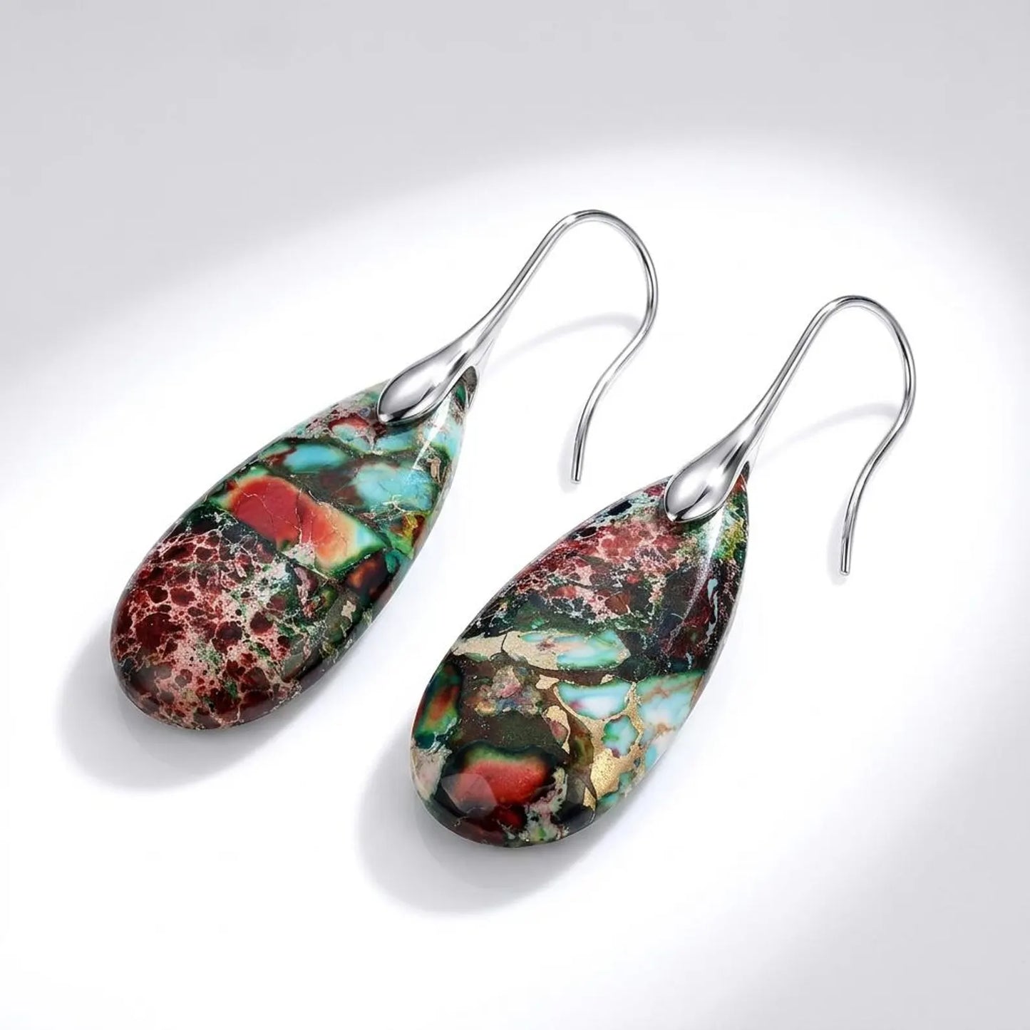 Red & Green Impression Jasper Teardrop Earrings