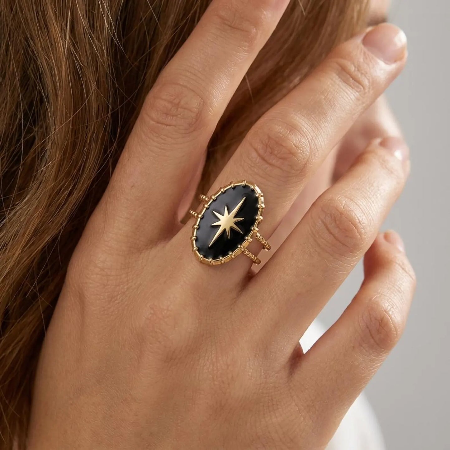 Black Onyx Starburst Oval Ring