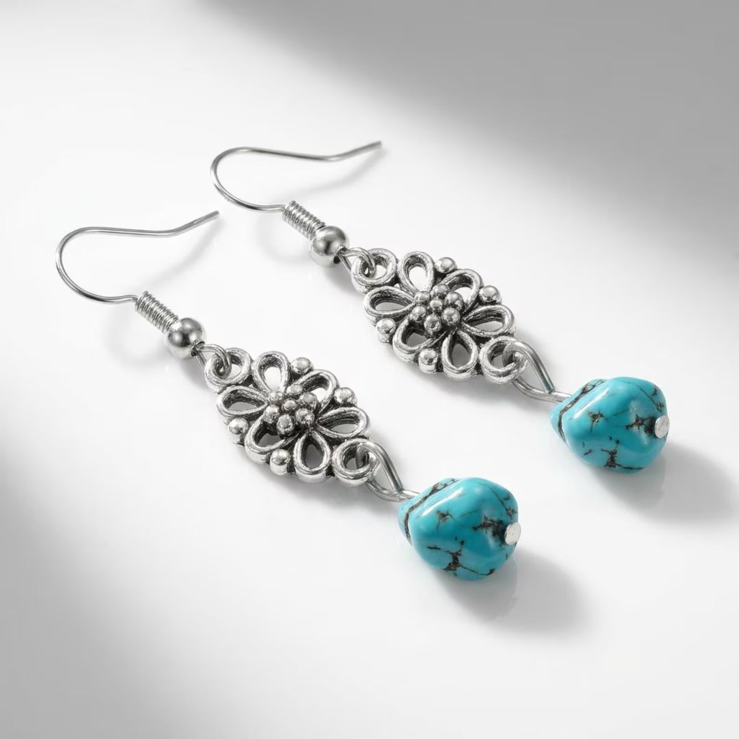 Filigree Flower Turquoise Nugget Earrings