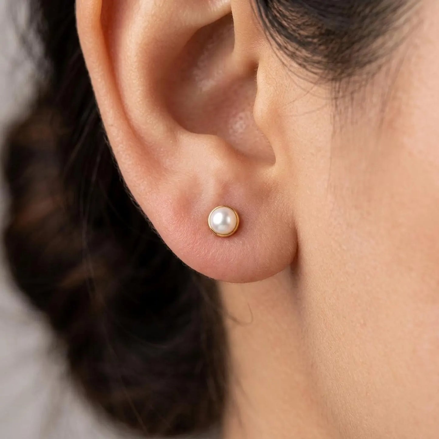 Gold Bezel Pearl Studs