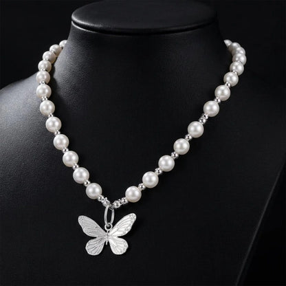 Silver Butterfly Pearl Necklace