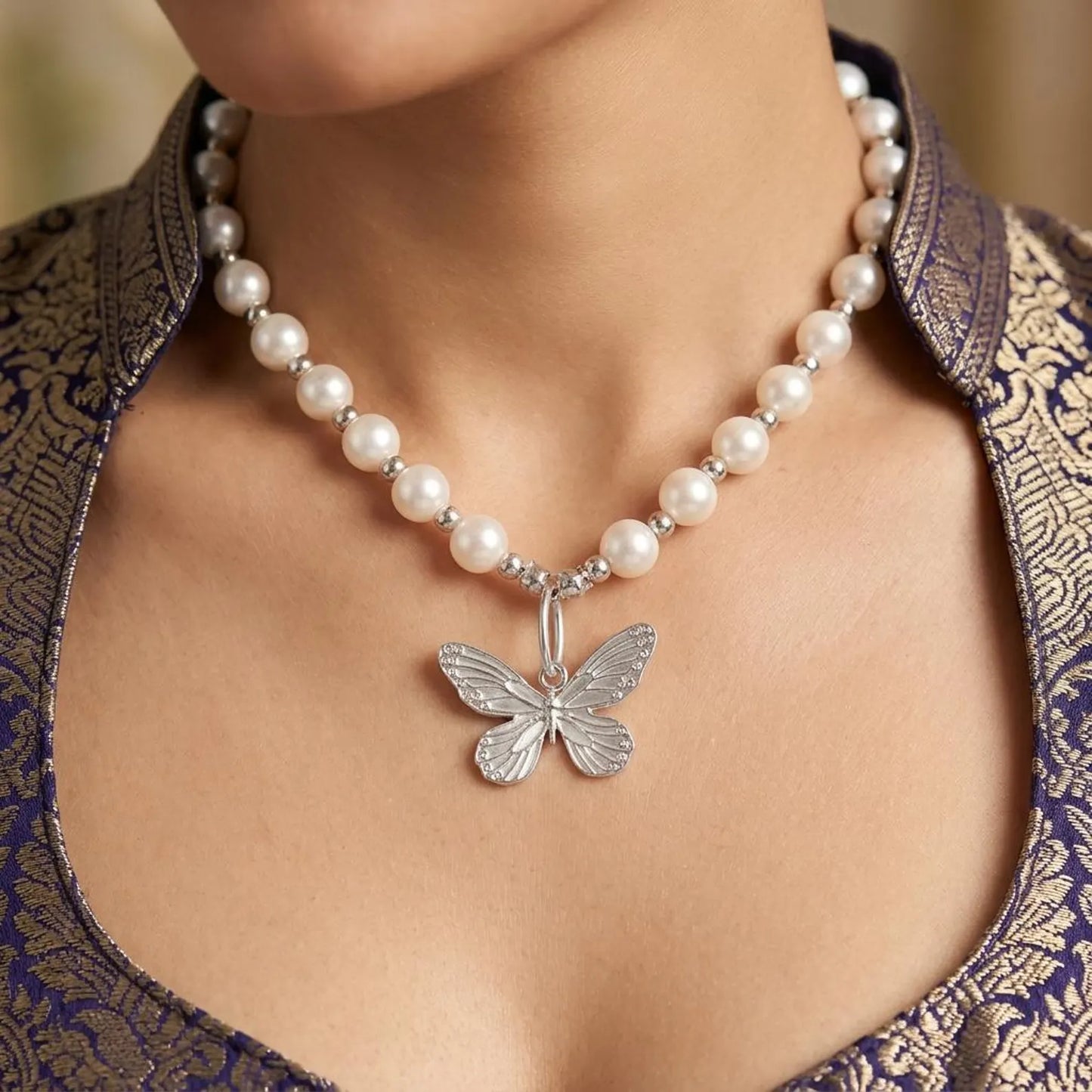 Silver Butterfly Pearl Necklace