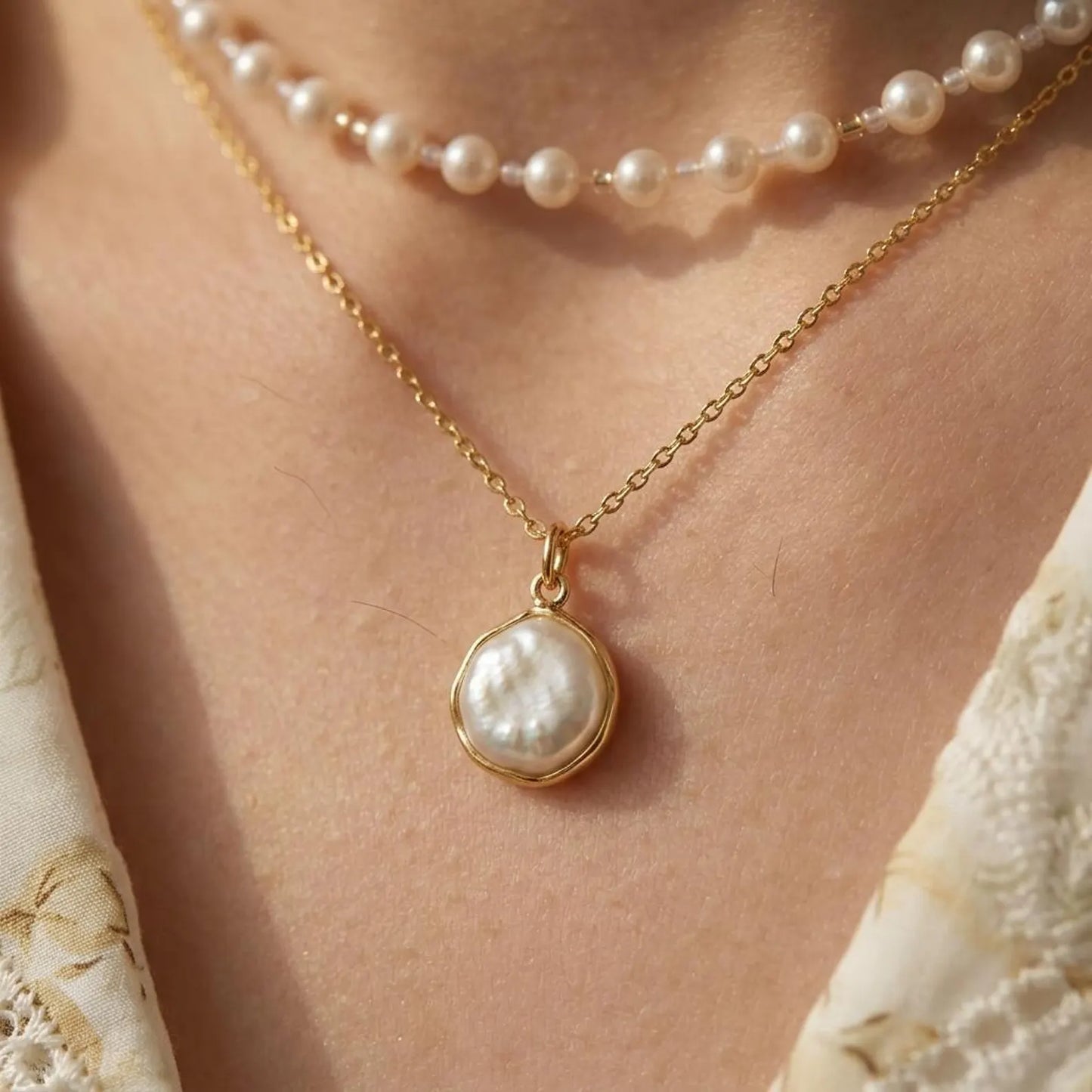 Bezel Coin Pearl Necklace