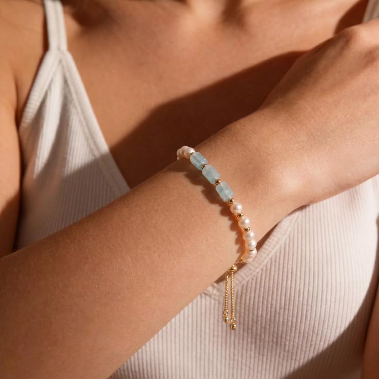 Aquamarine Pearl Slider Bracelet