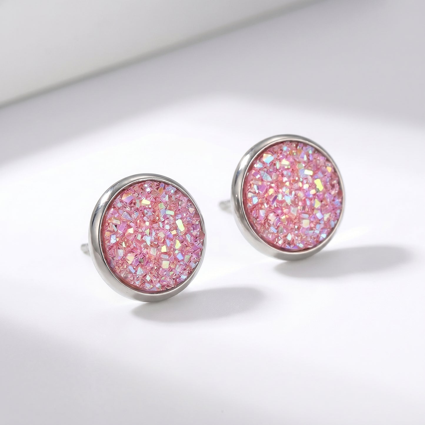 Pink Druzy Crystal Round Stud Earrings