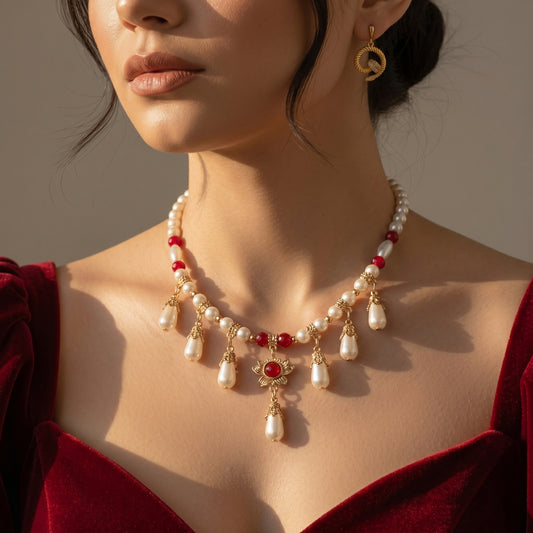 White Pearl Red Crystal Necklace